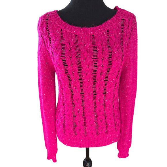 Aeropostale Women's Sparkly Fuchsia Pink Long Sleeve Scoop Neck Sweater Size M - Picture 9 of 11